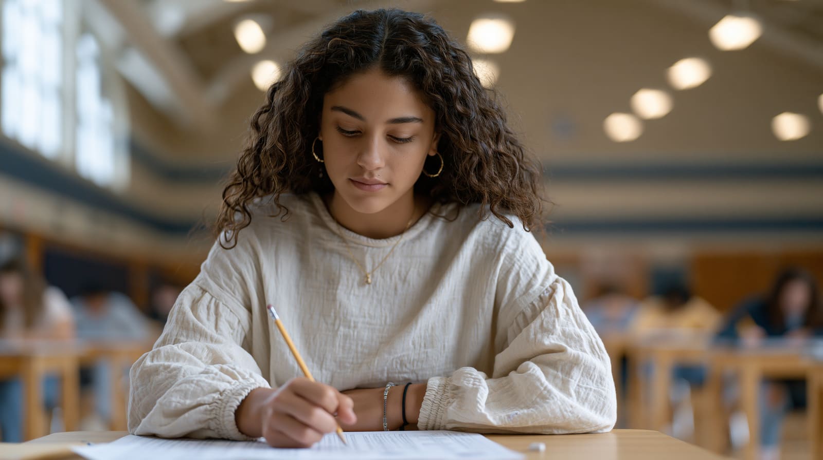 Student writing a standardized test in an exam hall