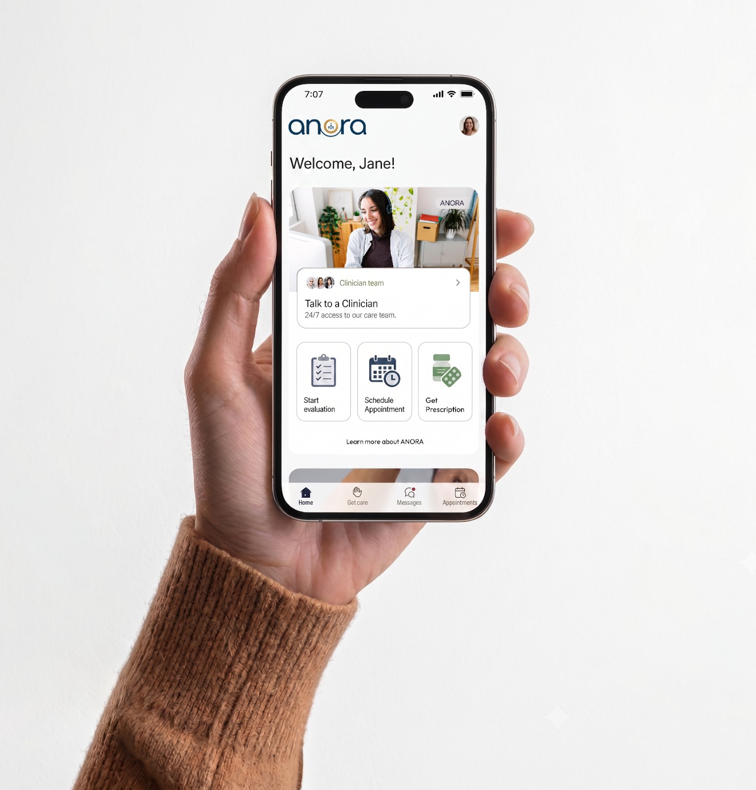 Hand holding a phone with the Anora app