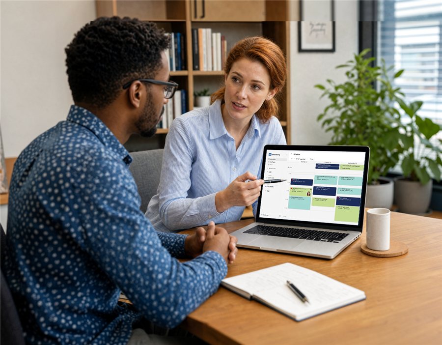 A coach working one-on-one with a client at a desk